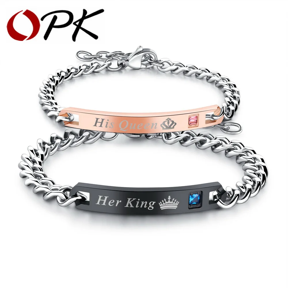 

OPK Romantic Crown ID Bracelets For Lover King & Queen Black/ Rose Gold Color Pave Zirconia Women Men Valentine's Gift GS886