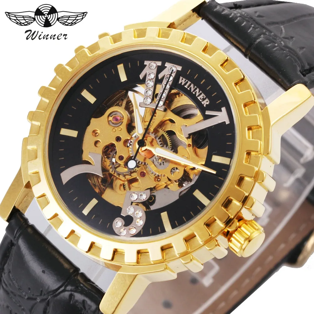 

WINNER Luxury Fashion Men Auto Mechanical Watch Leather Strap Diamond Crystal Decoration Golden Gear Bezel Design Wristwatch