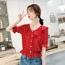 Шифоновая рубашка Женская 2019 летняя новая корейская печать Питер Пэн воротник с расклешенными рукавами рубашка Милая модная блузка майка