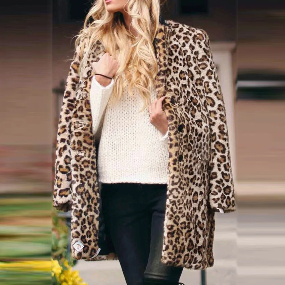 Womens Leopard Warm Artificial Wool Coat Lapel Jacket Winter Parka Outerwear #4O04 #F | Женская одежда
