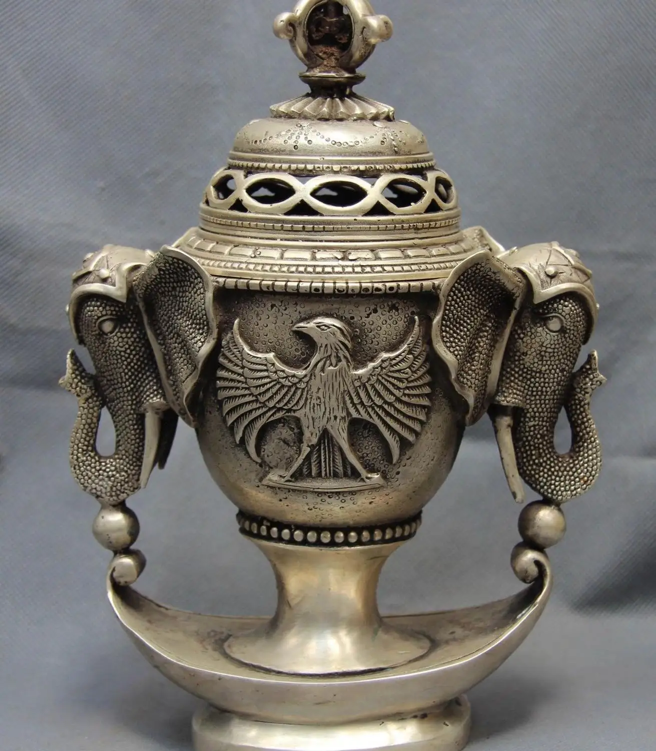 

Tibet White Copper Silver Buddhism Two Elephant Face Eagle Censer incense burner