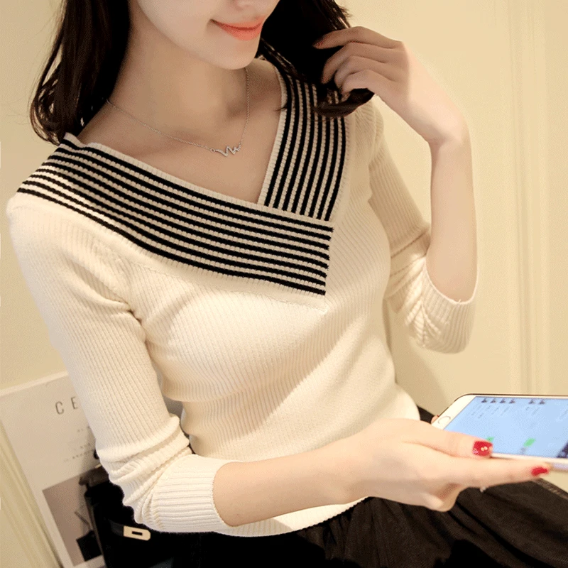 

Women Sweaters and Pullovers Autumn Winter Knitting Sweater Sexy V Neck Long Sleeve Striped Slim Swetry Damskie