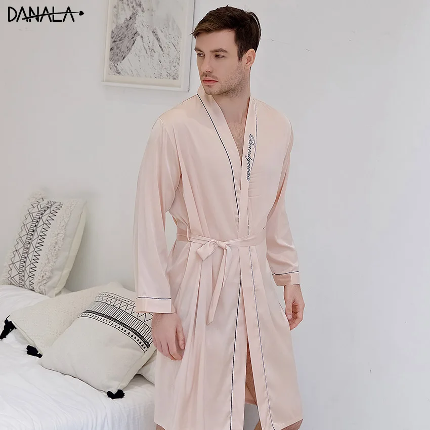 DANALA Silk Satin Men Sleepwear Robe Solid Refreshing Vogue Simple Long Men Nightwear Robe Home Wear For Male Blue Color DANALA Silk Satin Men Sleepwear Robe Solid Refreshing Vogue Simple Long Men Nightwear Robe Home Wear For Male Blue Color