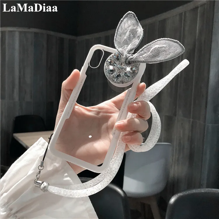 

Phone Case For Huawei Honor8 9 10 Lite 8X Nova P10 P20 P30 PLUS Mate10 20 Bling Diamond Lace Rabbit Ear Grip Stand Holder Case