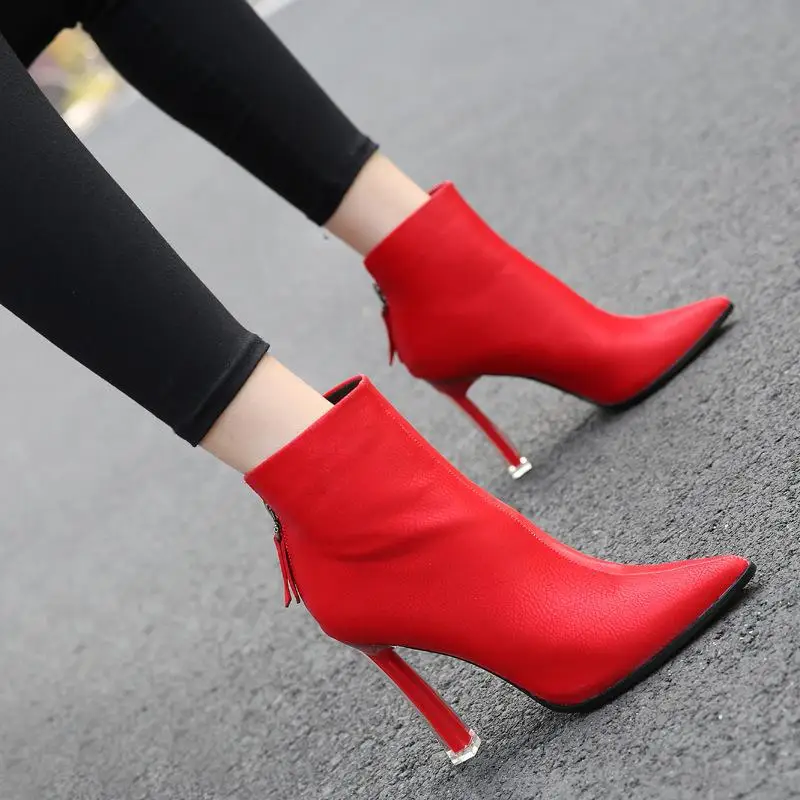 

2019 autumn and winter new high heel stiletto wild boots women plus velvet British wind bare boots Martin boots