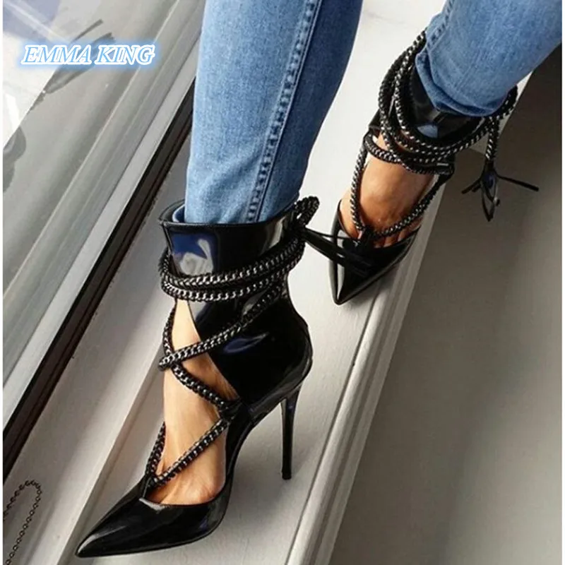 

Black White String Straps Fashion Women Pumps Pointed Toe Stilettos Sexy Sandals Leather Back Zip High Heels Ladies Party Shoes