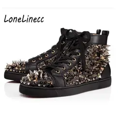 Lonelinecc/черная/белая кожаная мужская обувь с заклепками, модные кроссовки на высокой шпильке, повседневная обувь на плоской подошве для