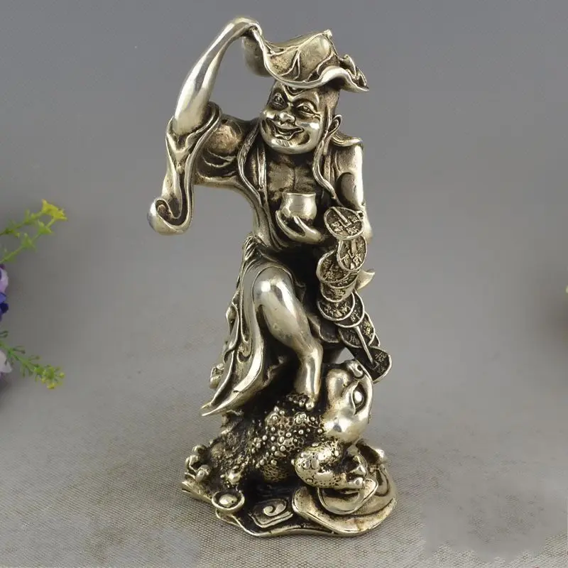 

Chinese Miao Silver Liu Hai God Play Golden Toad Wealth Statue Sculpture
