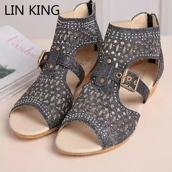 

LIN KING Retro High Top Women Sandals Fashion Rhinestone Zipper Open Toe Gladistor Sandals Ladies Buckle Wedges Summer Sandalias