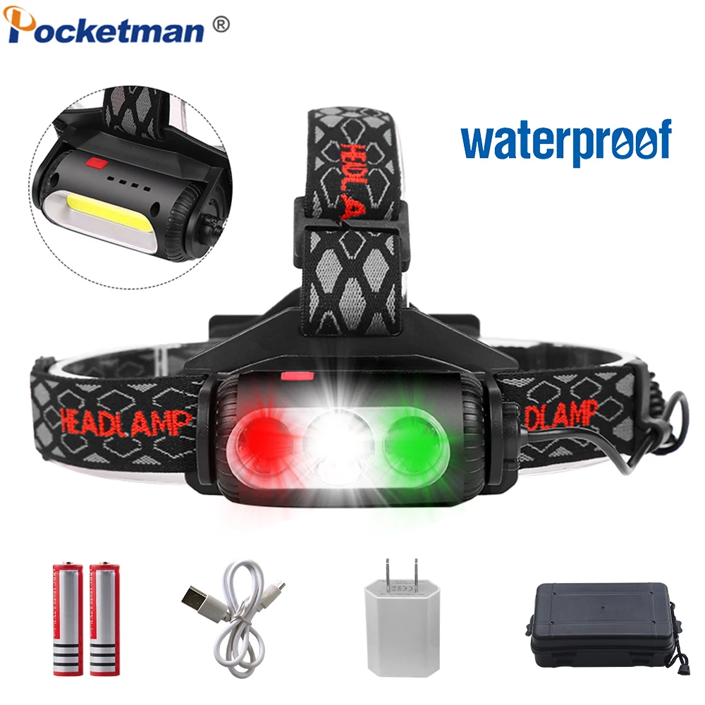 

Headlight USB Rechargeable Headlamp XPE+COB Head Light Red Green White Lighting 7 Modes Head Torch T6 Head Flashlight