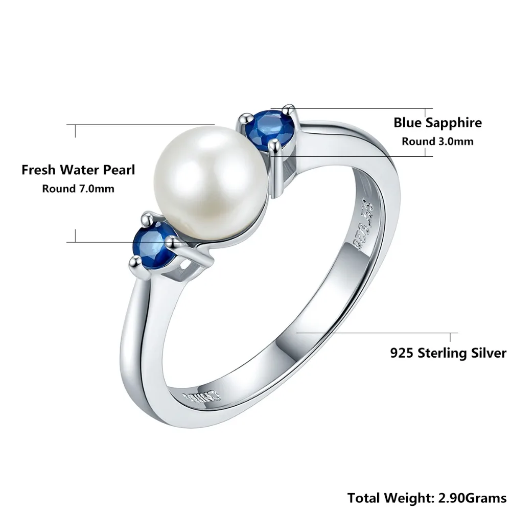 Lohaspie Solid 925 Sterling Silver 100% Natural Freshwater Pearl & Blue Sapphire Wedding Ring For Women's Fine Gemstone Jewelry