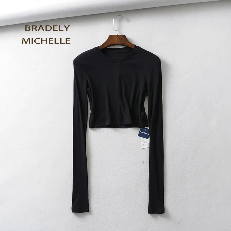 BRADELY MICHELLE 2019 Women Summer Soft Sexy Slim Knitted Cotton Crop Tops Super Long-sleeve Basic O-neck t-shirt female
