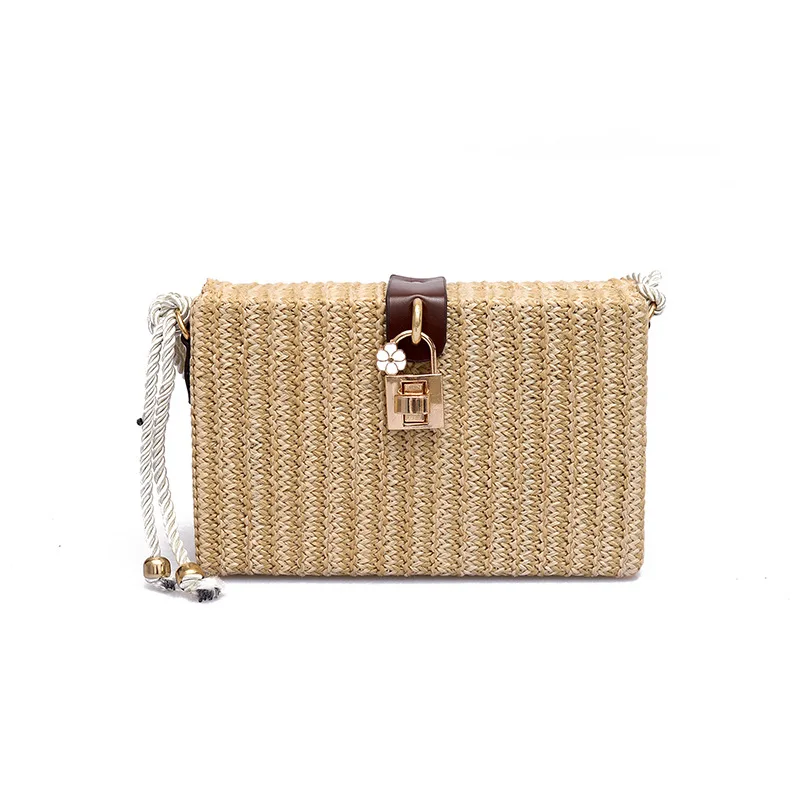 

2019 New Square Straw Bags Women Summer Rattan Bag lady Handmade Woven Beach Cross Body Bag flower decoration messenger Vacation