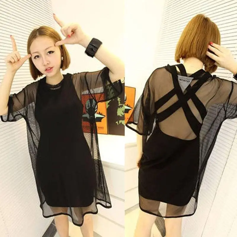 

Hot Sales Fashion Women Black See-Through Sexy Sheer Mesh Short Sleeve Tees T-Shirt Cover-up Oversize Beach Loose Tops T-Shirts