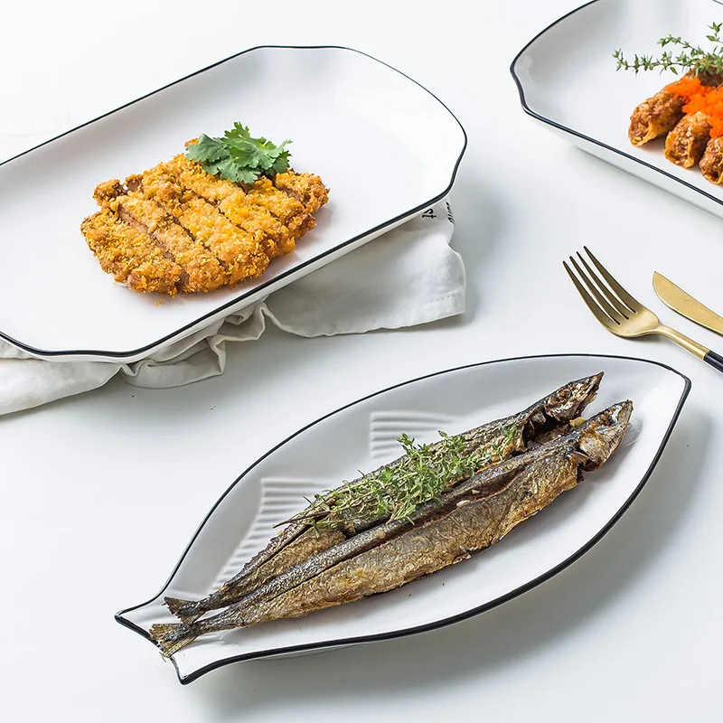 

Japanese ceramic plate dishware rectangular fish dish home fish plate white porcelain creative fruit plate steamed fish plate