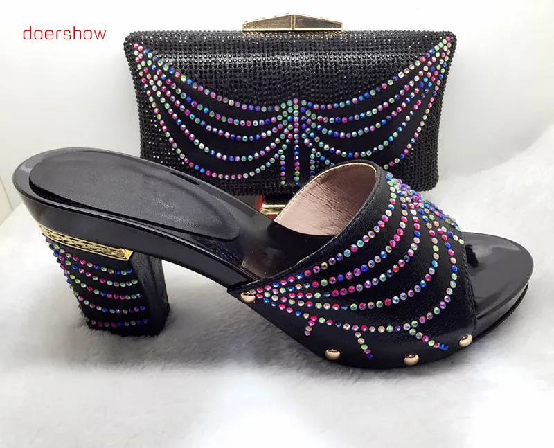 

doershow Italian shoes and bags to match nigeria slippers and purse with stone for party black!HJJ1-37
