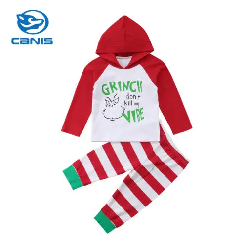 Осень для новорожденных для девочек и мальчиков рождественские элементы комплект из 2 предметов одежды с надписью топы с капюшоном и длинными рукавами в полоску комплекты с длинными штанами