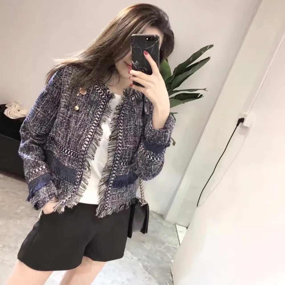 

Spring 2019 women's cardigan short section of the new Korean version of cultivating wild ladies fringed tweed jacket TB181005