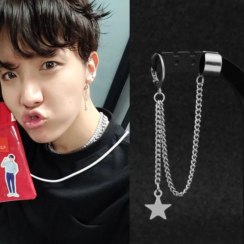 

Korean Punk Ear Clip Cuff Wrap Earrings Star Tassel Chain Boys Men Stainless Steel Stud Earring Hipster Grunge Accessory Unisex