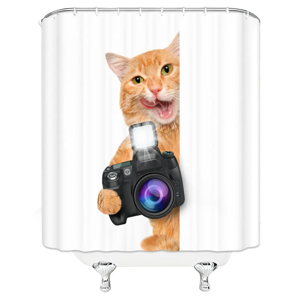 Unique Design 3d Naughty Cat Hand Take Camera Shower Curtain