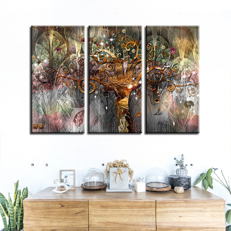 

Canvas Prints Poster Bedroom Wall Art Frame 3 Pieces Gustav Klimt Abstract Painting Tree Of Life Pictures Background Home Decor