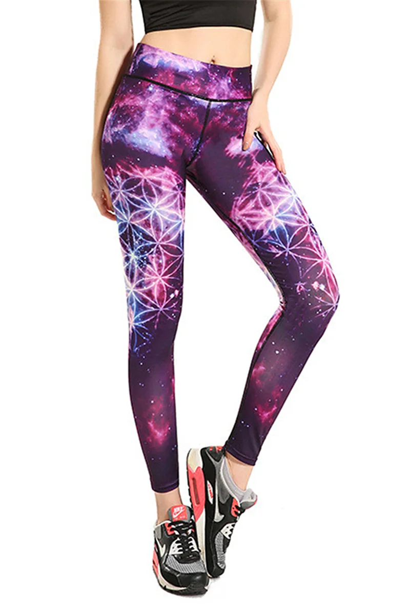 Women Purple Floral Galaxy Fitness Exercise Leggings Quick Drying Ankle ...