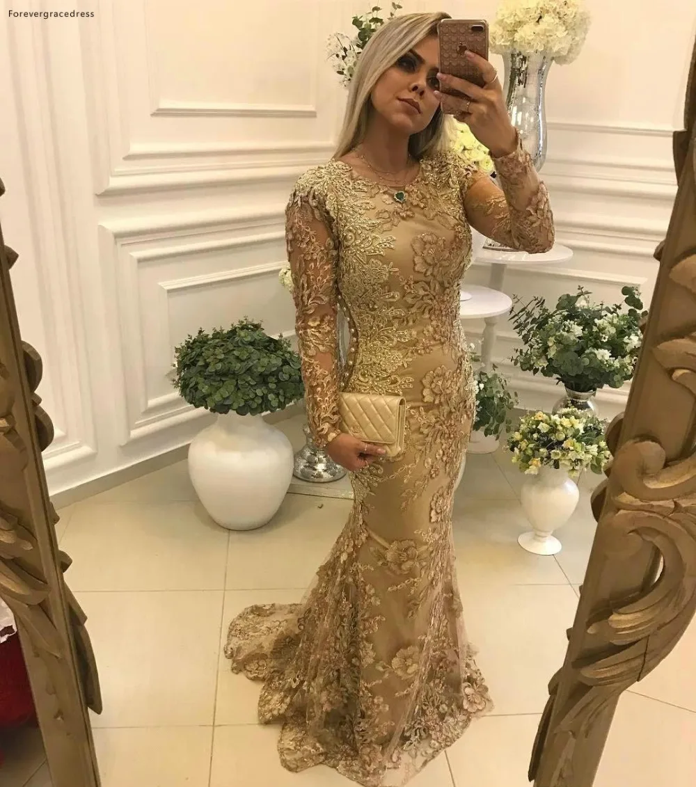 Gold Lace Beaded 2019 Vintage Mother Dresses Mermaid Long Sleeve Evening Prom Dresses Formal Charming Pageant Party Gowns BC1290  159