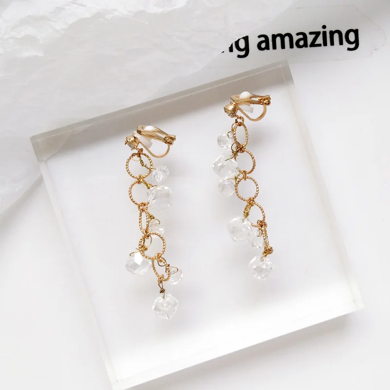 Romantic Rhinestone Connected Rounds Clip Earrings Without Piercing Cute Stone Crystal Long Clip on Earring No Ears Hole Women
