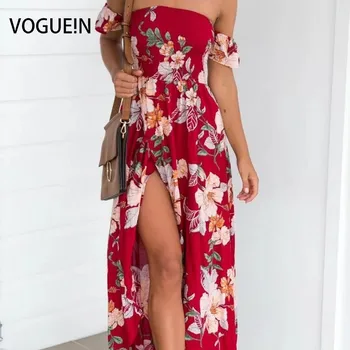 

VOGUE!N New Womens Ladies Summer Beach Cold Shoulder Floral Print Red Maxi Dress Size SML Wholesale