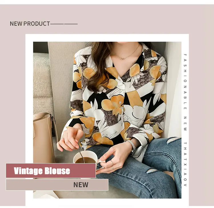 2019 Vintage Print Shirt Femme Plus Size Tops Autumn Women Blouses V-neck Long Sleeve Chiffon Blusas Mujer Chic Chemise Femme (1)