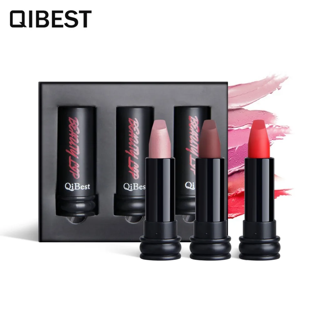

QIBEST Brand Makeup set Kiss proof 3Colors Lipstick Set Matte Moisturizing Lip Balm Matte Pearlescent Cosmetic CombinationL18058