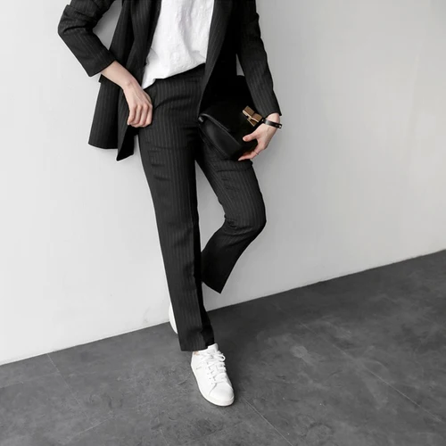 Women South Korea Long Sleeved Professional Thin Straight Stripes Two Piece Set Lady Office Lady Suit Femme
