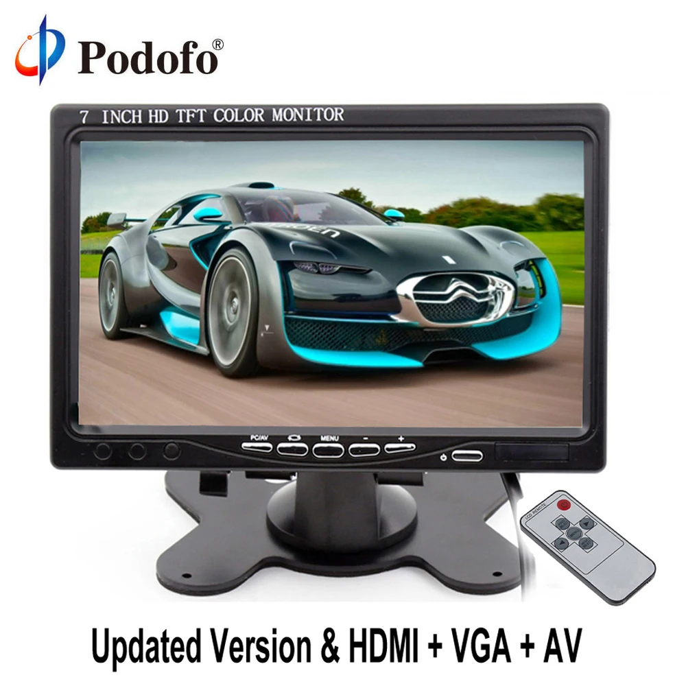 Podofo 7" TFT LCD Color Car Monitor 2 Video Input PC Audio Video