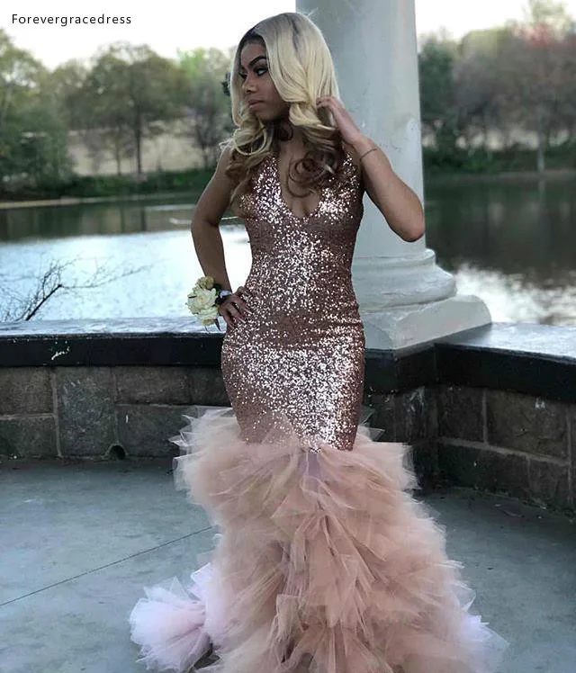 Sparkle Rose Gold Sequined Mermaid Prom Dresses Black Girls 2K19 Sexy Deep V Neck Ruched Tulel Skirt Long Evening Gowns Plus Size BC1836  145 (3)