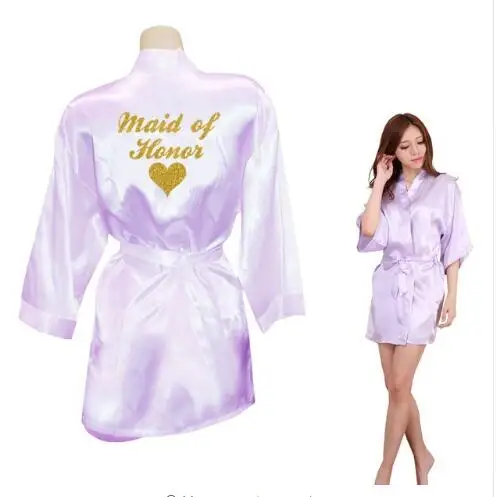 Bridesmaid Robes Bridesmaid Heart Golden Glitter Print Faux Silk Kimono Robes Wedding Gift Bride Team Bachelorette Lov - Цвет: lavender Maid of Hon