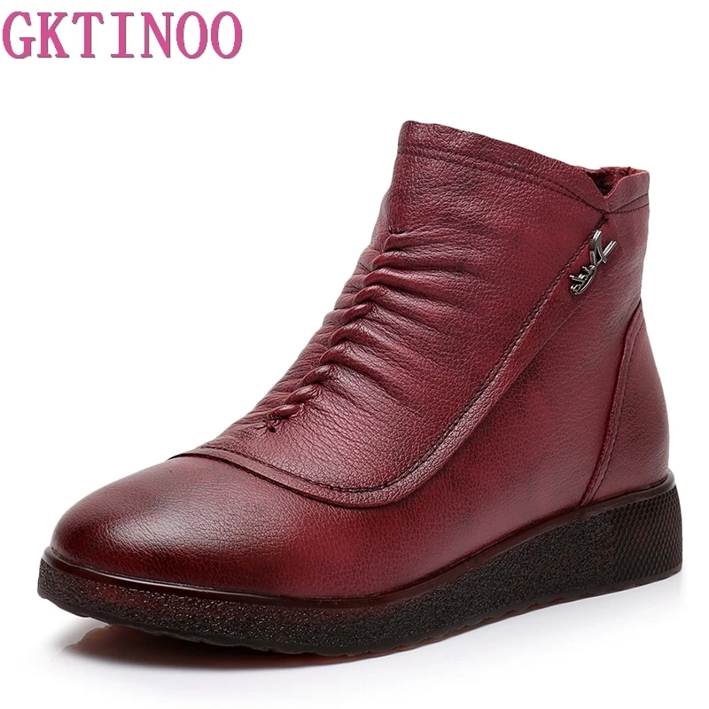 

GKTINOO 2018 Genuine Leather Women Boots Winter Warm Plush Handmade Vintage Comfortable Shoes Woman Flat Ankle Boots
