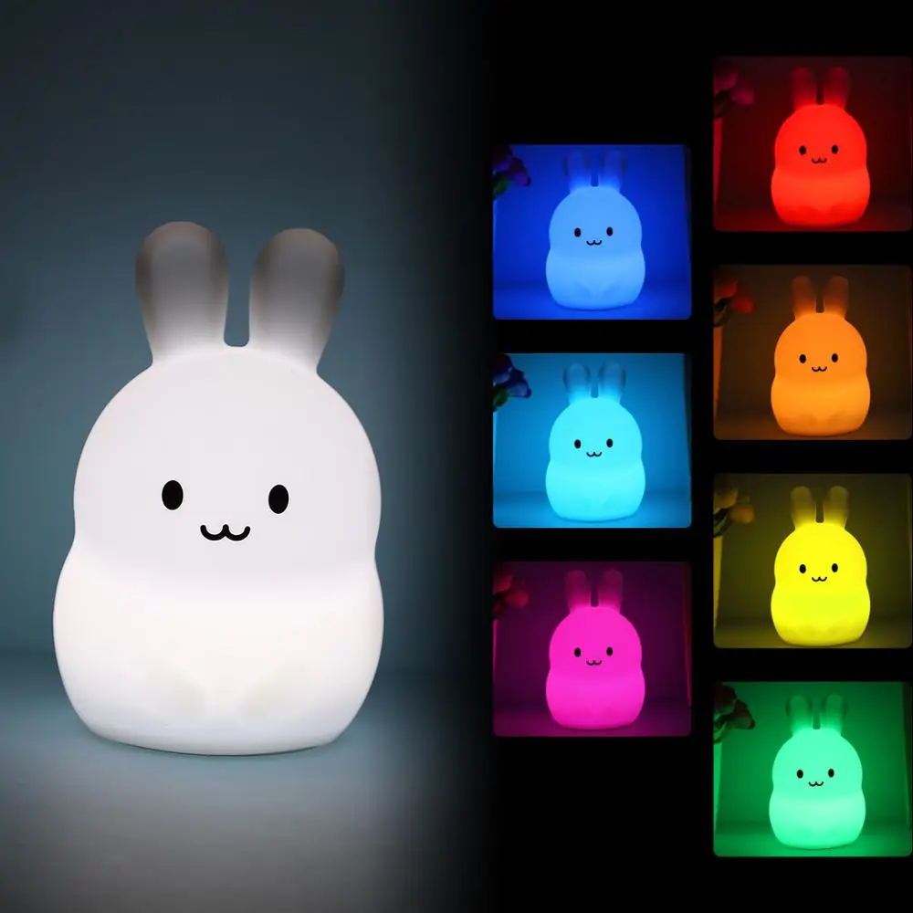  Cartoon Mini Bear Rabbit Hippo LED Night Light 9 Colors Silicone Bunny Animal Lamp Bedroom Bedside  - 32978971483