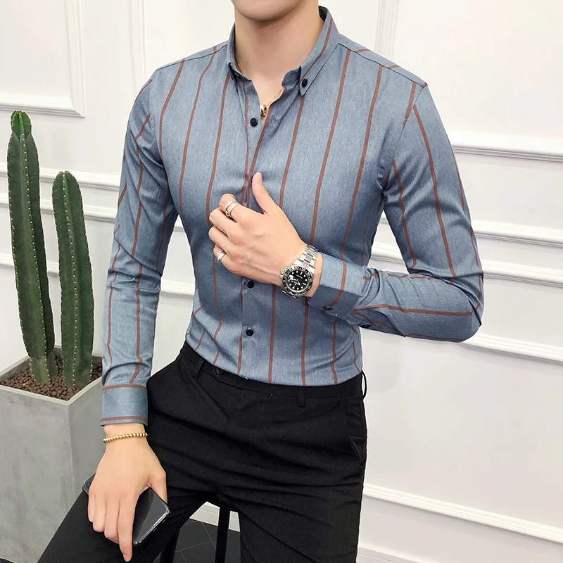 

Men's Shirt Fashion Spring Tuxedo Smart Casual Striped Oversize Dress Slim Fit Single Breasted Long Sleeve Costume Shirts Men