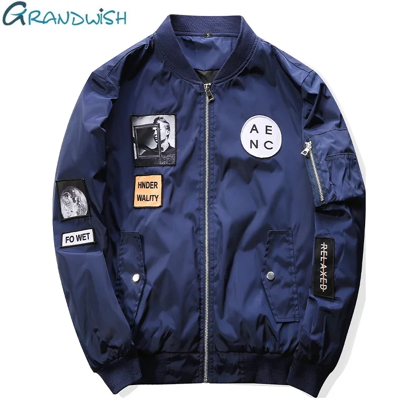 Grandwish Mens Bomber Jackets with Patches New Streetwear Flight Pilot Jacket Men Patch Men's Jacket Slim Fit Cool ,PA573