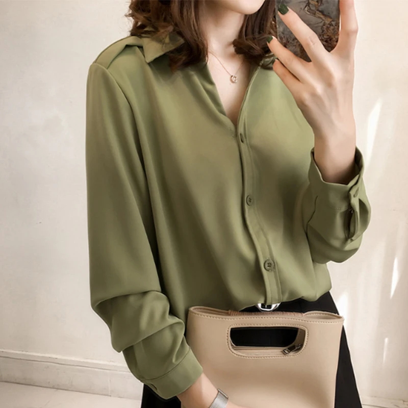 

Korea 2019 New Women's Clothing Spring Long-sleeved Chiffon Women Blouse Shirt Solid Formal Women Tops blusas T8