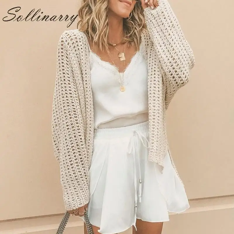 

Sollinarry New Fashion Summer Autumn Cardigan White Women 2019 Knit Sweater Coat Cardigan Female Hollow Out Loose Cardigans