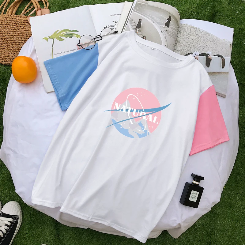 

Summer Planet Tshirt Women Casual Korean Hit Color Patchwork Cotton Tops Streetwear Harajuku Tumblr NATURAL Print T Shirt Female