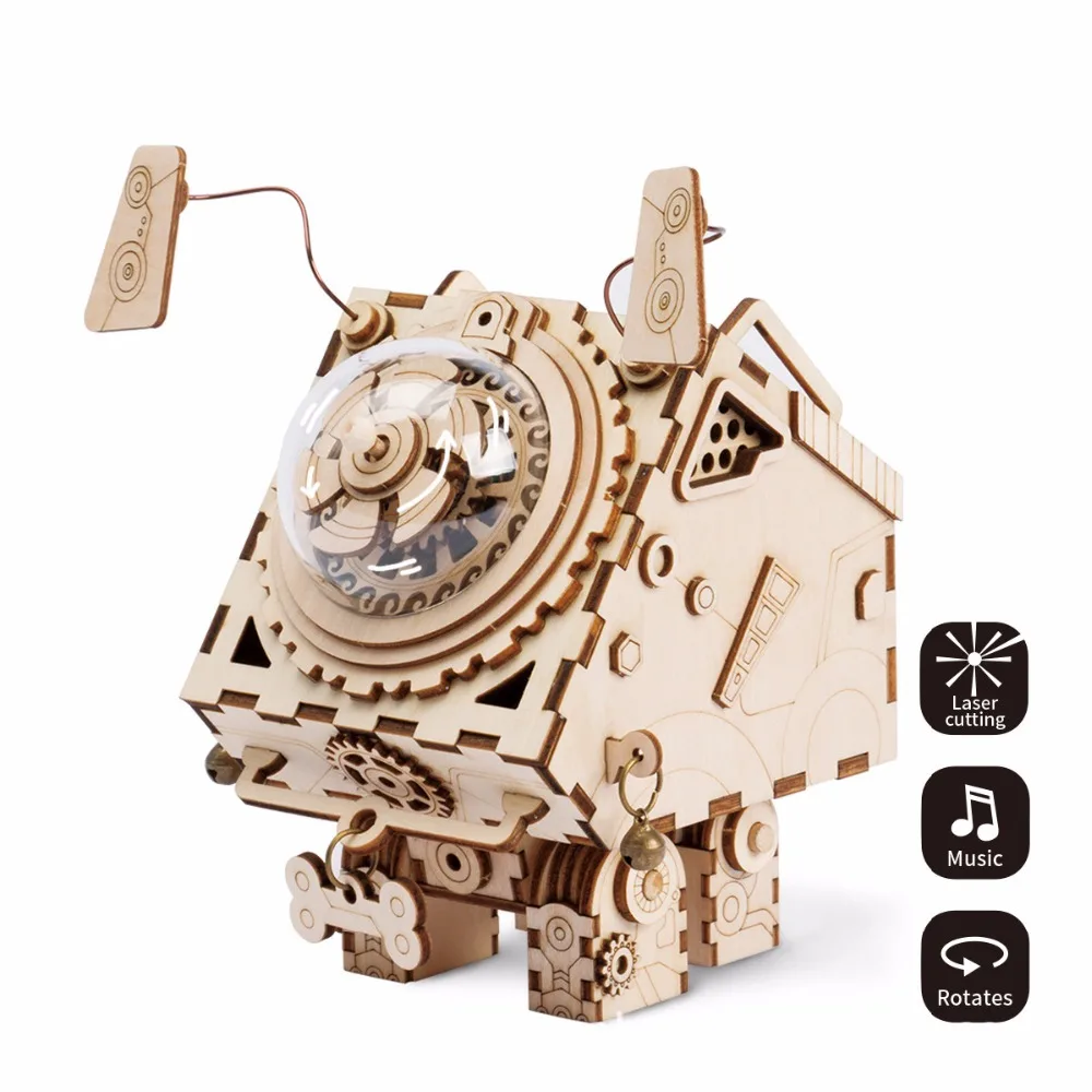 

3D Robot Music Box DIY Assembly Mechanical Musical Boxes Wood Crafts Retro Birthday Chirstmas Gifts for Boy Kid Home Decoration