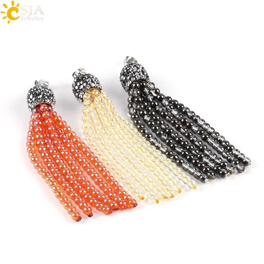 

CSJA Bling Round Glass Clear Crystal Loose Beads Red Necklace Pendants Long Tassels Rhinestone Cap for DIY Handmade Jewelry E608