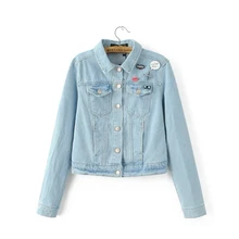 Embroidery women denim bomber jacket pockets turn-down collar 2016 New Fashion light blue long sleeve autumn spring jeans coat