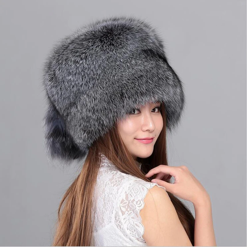 

100% Real Whole Plate Fox Fur Hat for women winter Fox fur beanies cap with fox fur Solid New thick female cap Bomber Hats