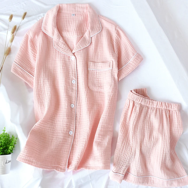 

Women Pajamas Sets Summer 100% Cotton Crepe Short-sleeved Shorts Pyjamas Thin Solid Plus Size Sleepwear Loungewear Hoem Clothes