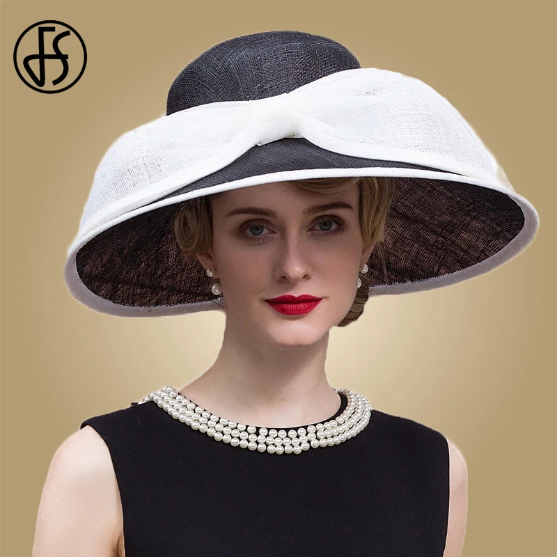 Fedora de lino para mujer elegante sombrero negro para mujer sombreros de boda para Iglesia Sinamay grande de ala ancha Fedora Kentucky Derby sombreros - 1
