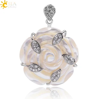 

CSJA Natural White Sea Pearl Shell Necklaces Pendants Flat 53x38mm Bead Rhinestone Carving Rose Flower Shape Women Jewelry F016