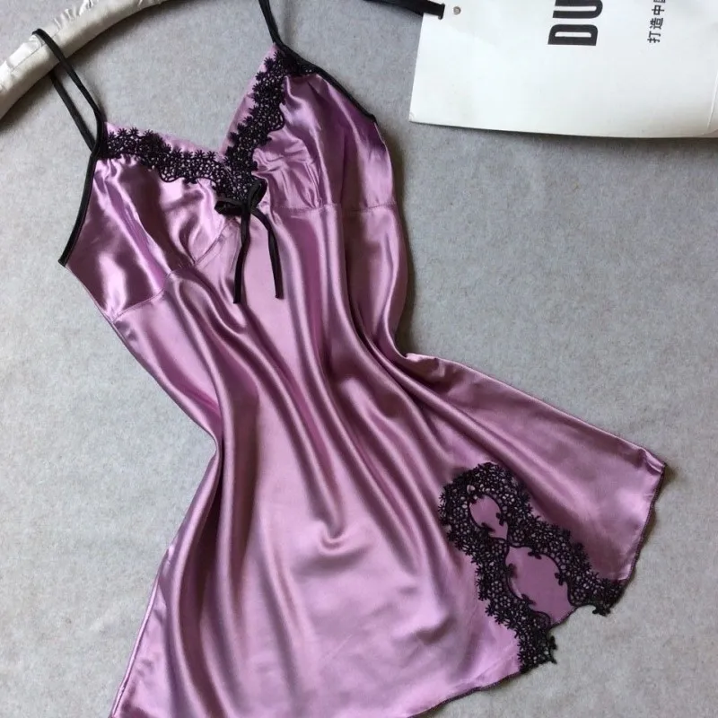 Женское сексуальное шелковое атласное Ночное платье без рукавов, ночная рубашка с v-образным вырезом размера плюс, ночная рубашка, кружевное ночное белье для женщин - Цвет: Фиолетовый